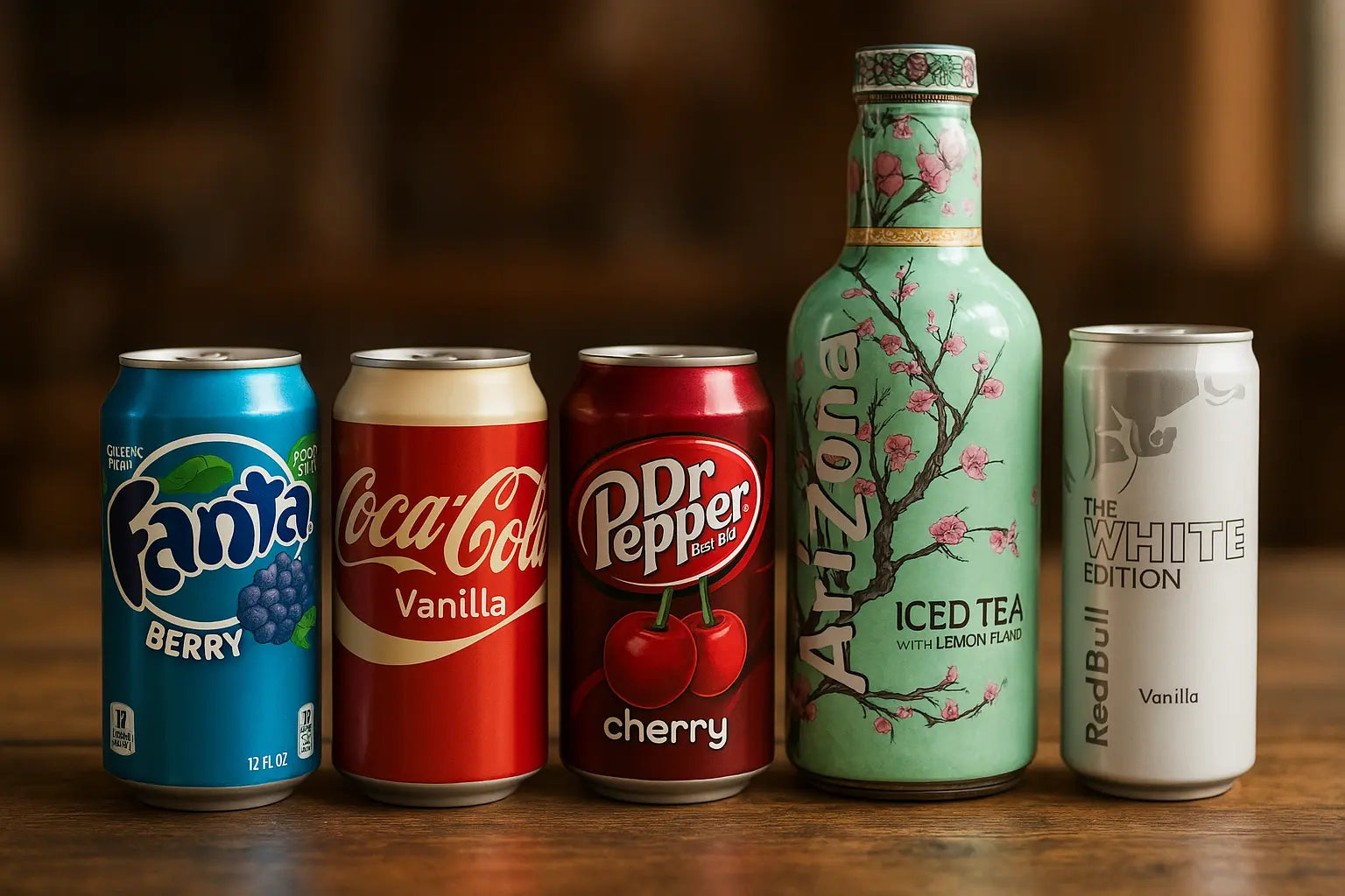 Sélection de boissons américaines cultes comme Calypso, Dr Pepper, Fanta Grape, Coca-Cola Vanilla et Arizona Ice Tea.