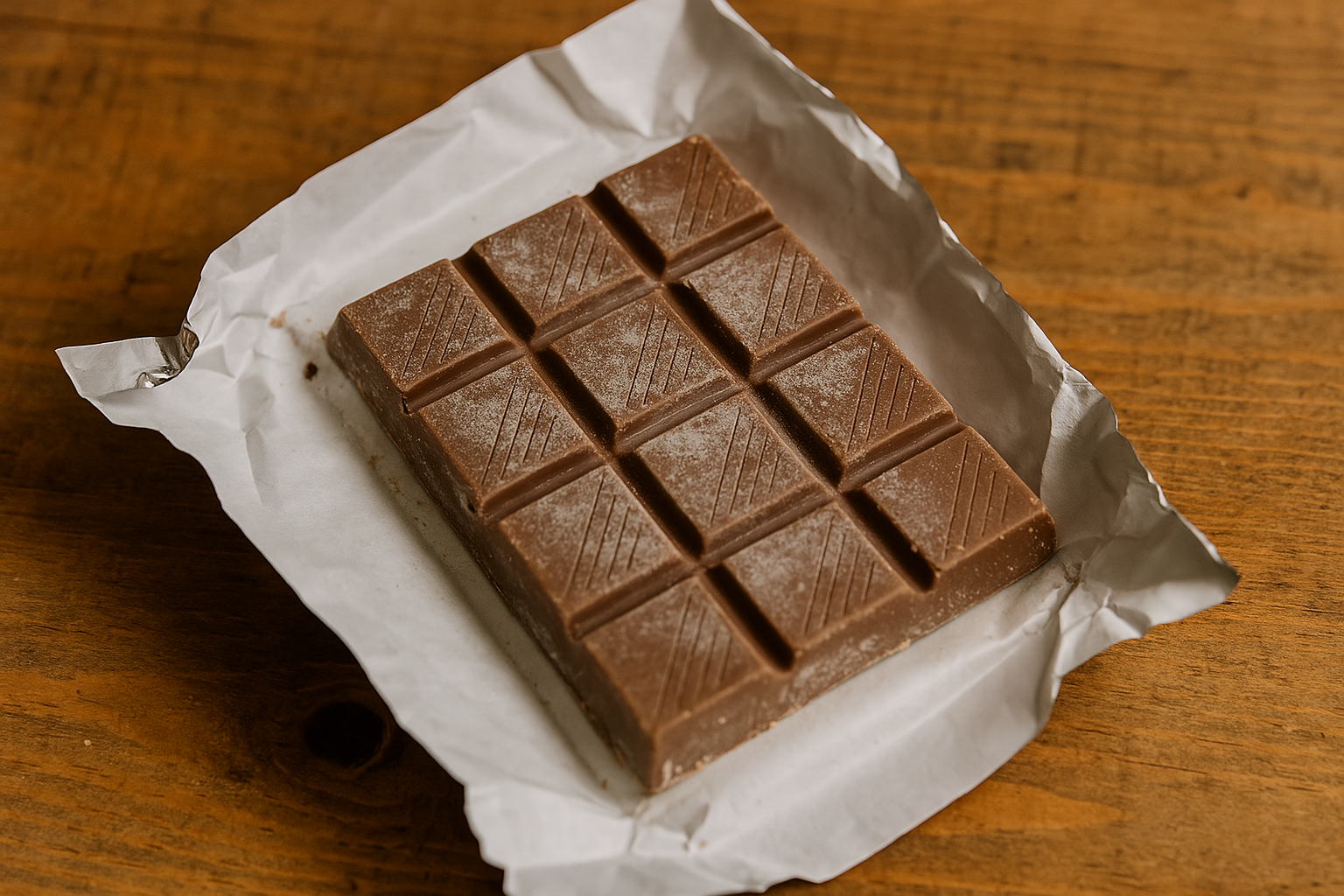 Tablette de chocolat périmé partiellement ouverte sur bois rustique, surface blanchie visible, question sur consommation sécurisée.