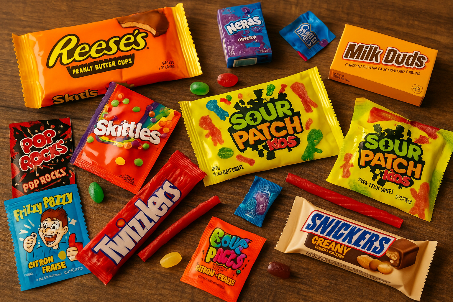 Top 10 des bonbons américains : Reese’s, Skittles, Nerds, Jolly Ranchers, Pop Rocks, Sour Patch, Milk Duds, Twizzlers, Frizzy Pazzy, Snickers.