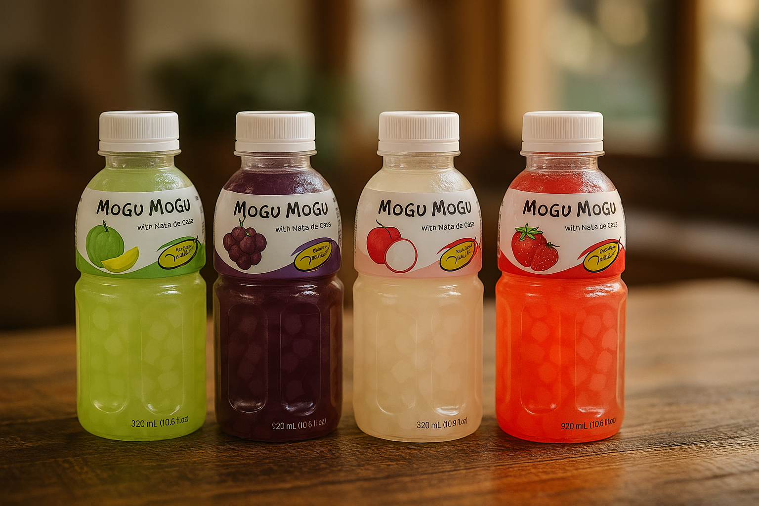 Bouteilles de Mogu Mogu saveurs fraise, litchi, raisin et melon alignées sur table en bois, boisson asiatique aux morceaux de nata de coco.