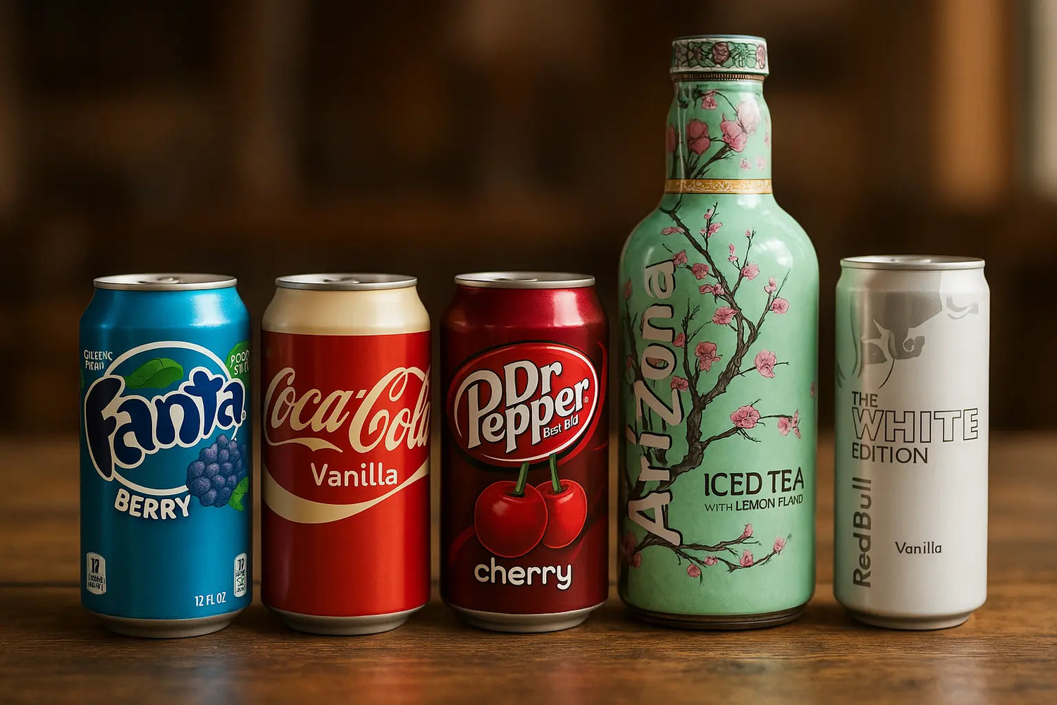 Sélection de boissons américaines cultes comme Calypso, Dr Pepper, Fanta Grape, Coca-Cola Vanilla et Arizona Ice Tea.