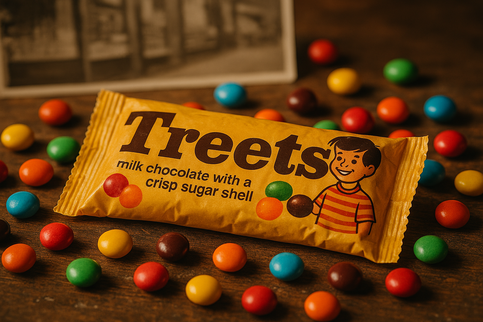 Treets, ancêtre des M&M’s, présenté dans son emballage vintage jaune avec des dragées colorées sur une table en bois rétro.