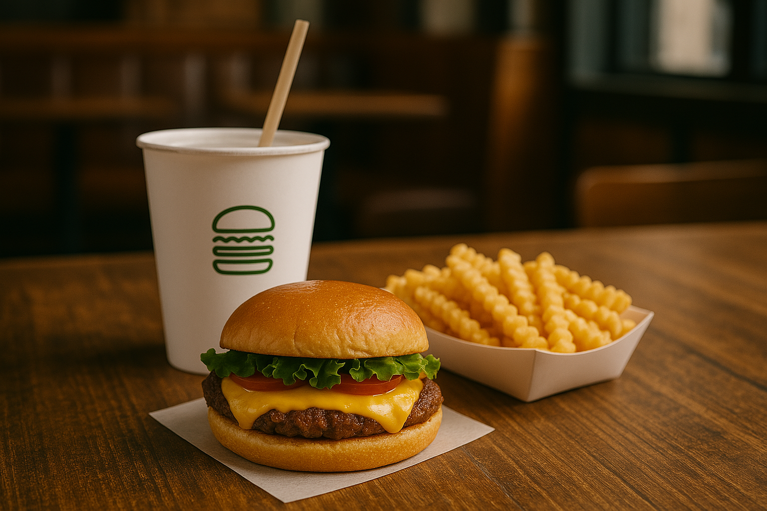 Repas Shake Shack avec burger brioche, frites ondulées et boisson, présenté sur une table