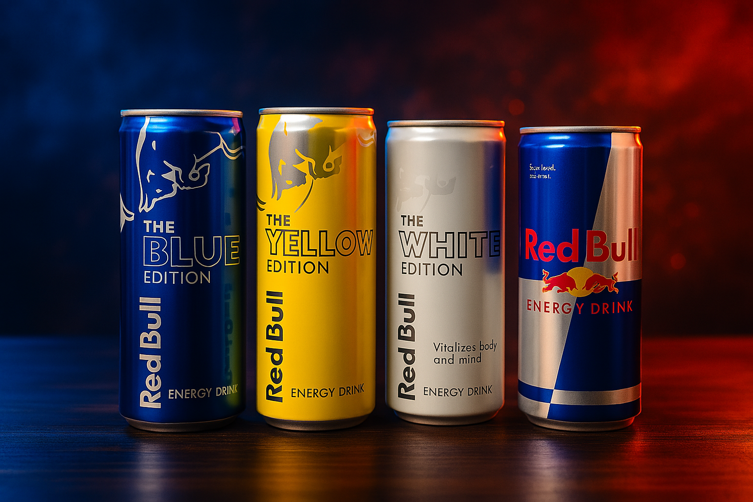 Red Bull aux saveurs variées alignées sur une table en bois, éclairage dynamique, boisson énergisante américaine culte.