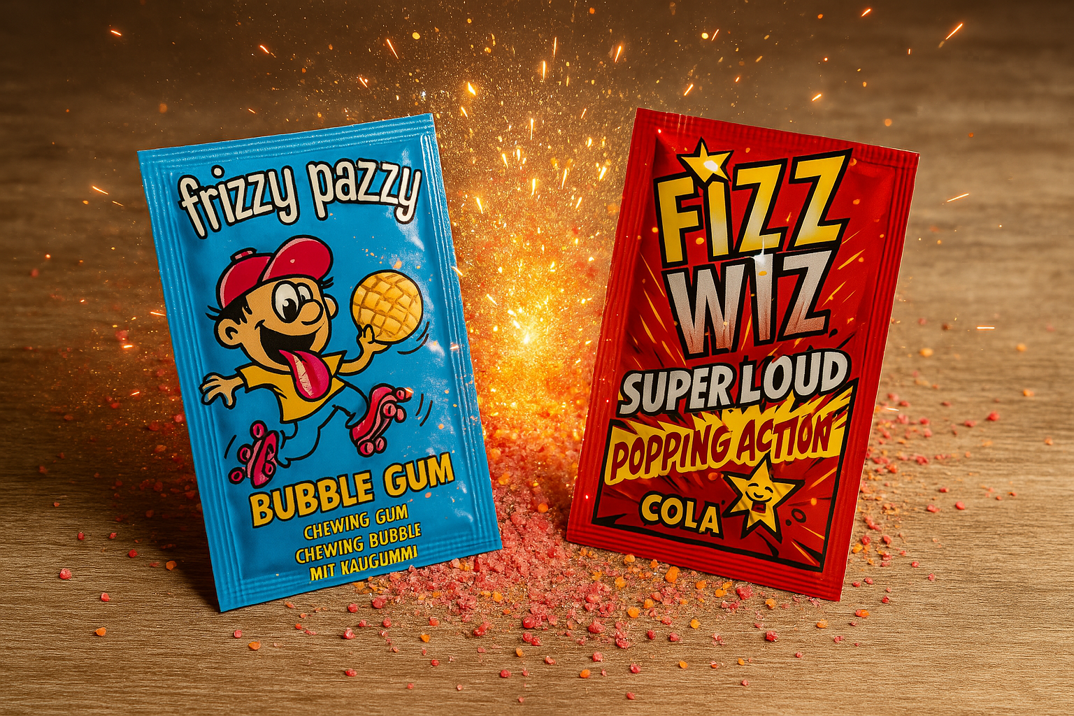 Bonbons qui pétillent : sachets Frizzy Pazzy et Fizz Wiz sur table en bois, emballages colorés, confiseries effervescentes ludiques.