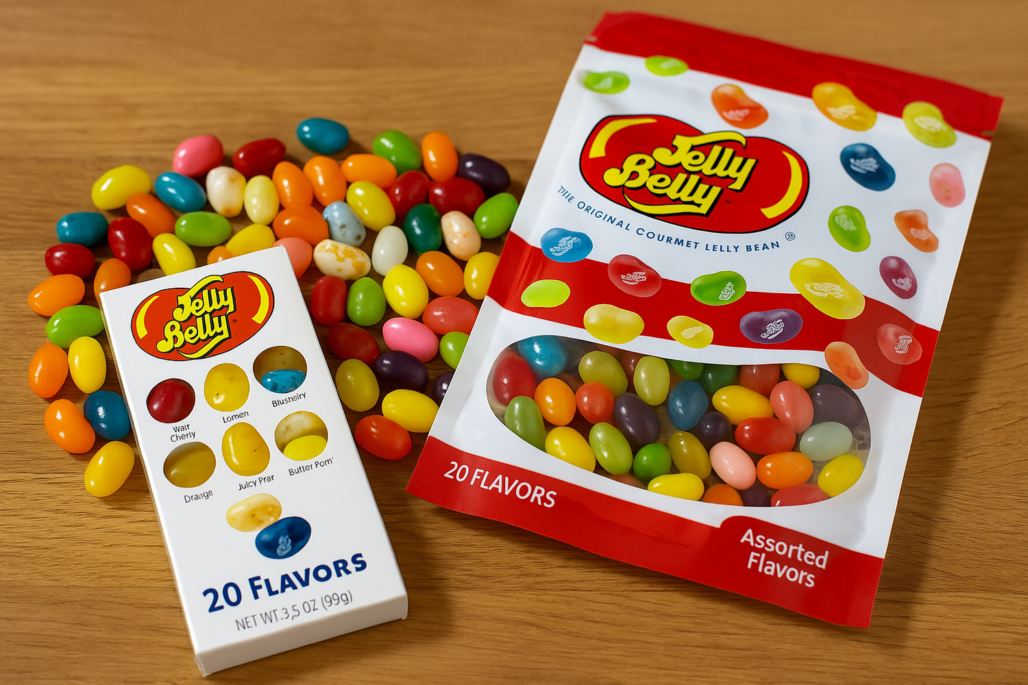 Sachet Jelly Belly et bonbons multicolores étalés sur table en bois, confiseries américaines aux saveurs variées en gros plan réaliste.