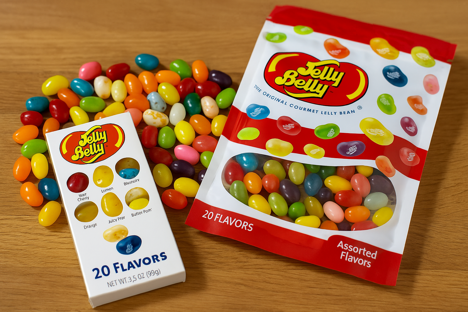 Sachet Jelly Belly et bonbons multicolores étalés sur table en bois, confiseries américaines aux saveurs variées en gros plan réaliste.