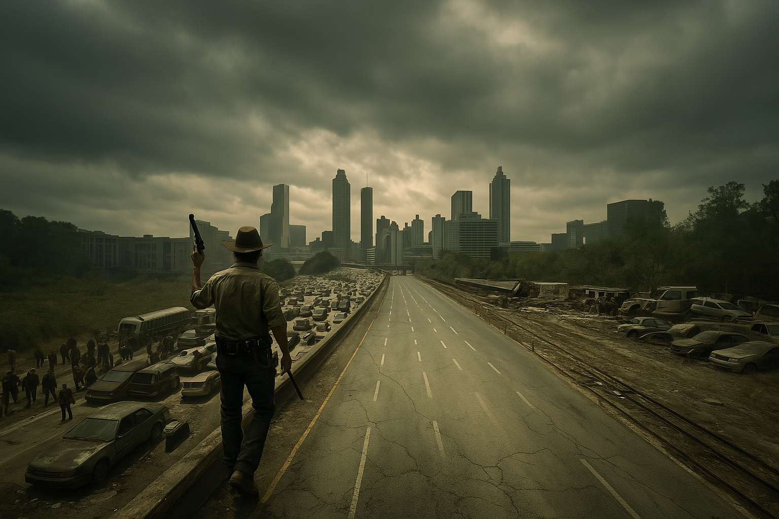 Survivant solitaire marchant sur une autoroute abandonnée, ville en ruines à l’horizon, ambiance post-apocalyptique inspirée de The Walking Dead.