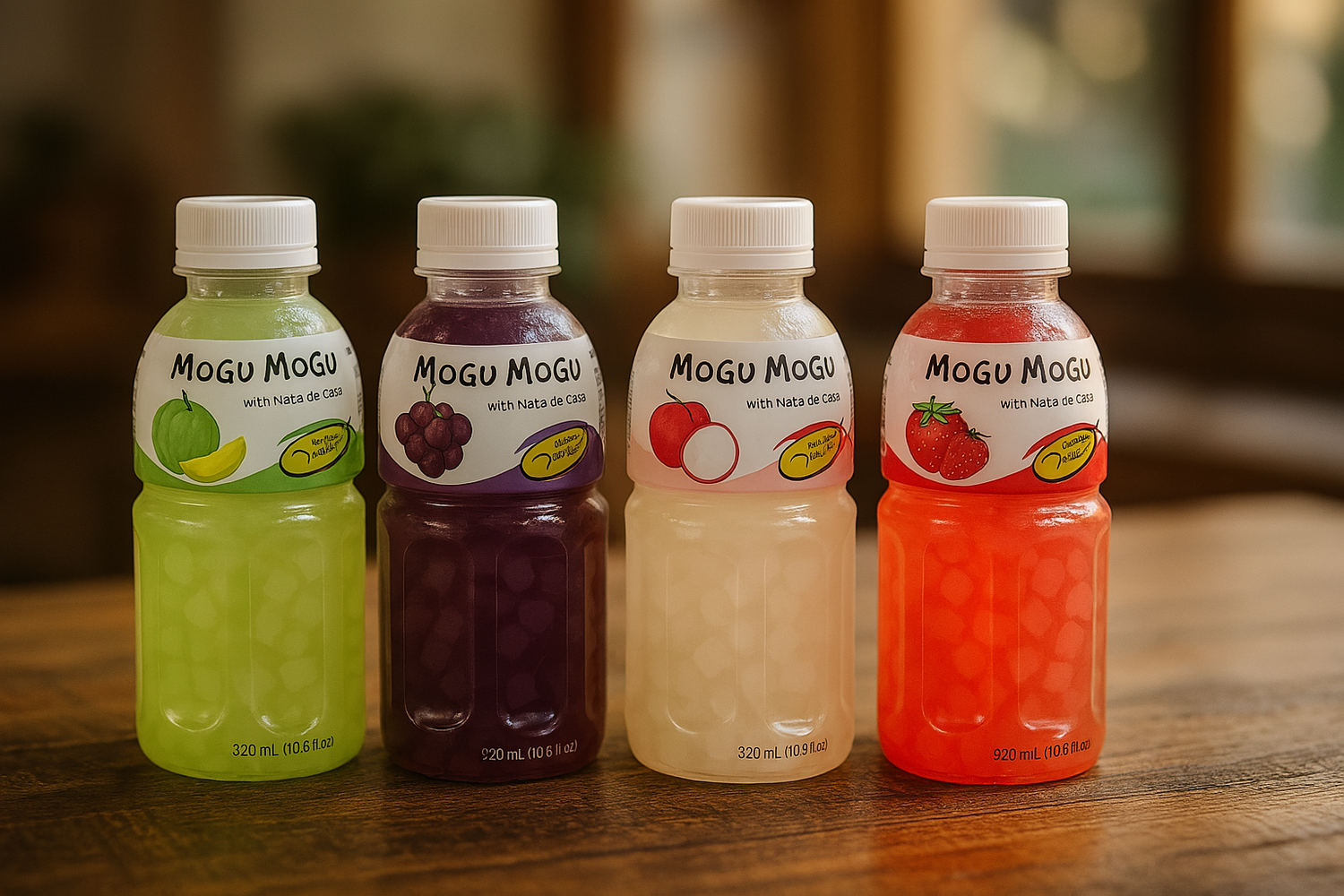 Bouteilles de Mogu Mogu saveurs fraise, litchi, raisin et melon alignées sur table en bois, boisson asiatique aux morceaux de nata de coco.