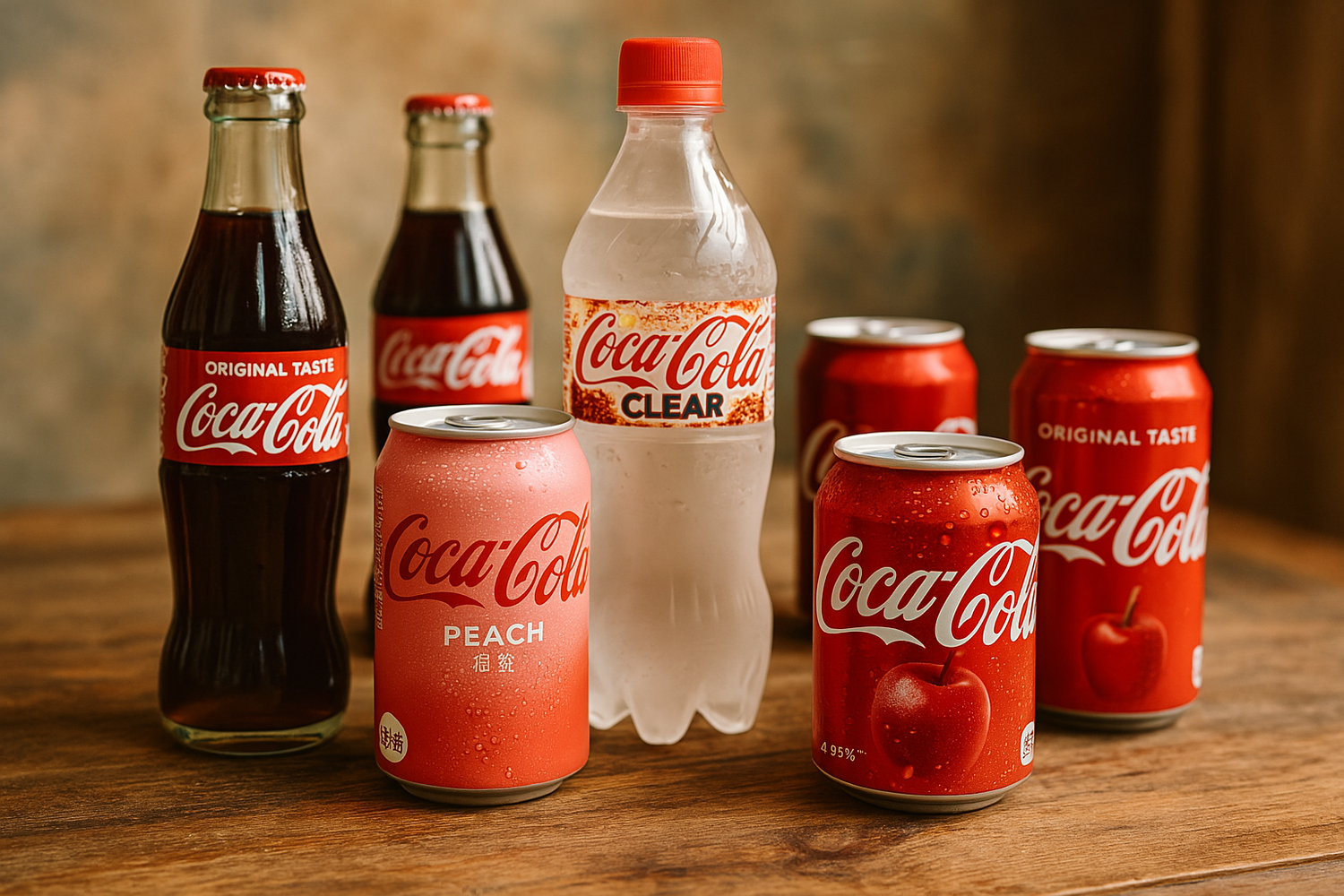 Bouteilles et canettes de Coca-Cola classiques et asiatiques, dont Coca-Cola Peach du Japon, posées sur table en bois avec lumière naturelle.