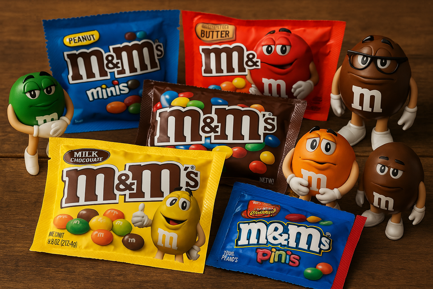 Sachets de M&M’s Milk Chocolate, Peanut, Peanut Butter et Minis avec personnages colorés emblématiques sur table en bois, marque iconique américaine.