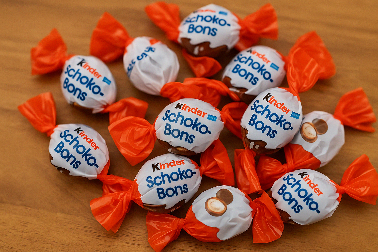 Kinder Schokobons éparpillés sur une table en bois, emballages orange et blanc bien visibles, bonbons au chocolat très populaires en France.