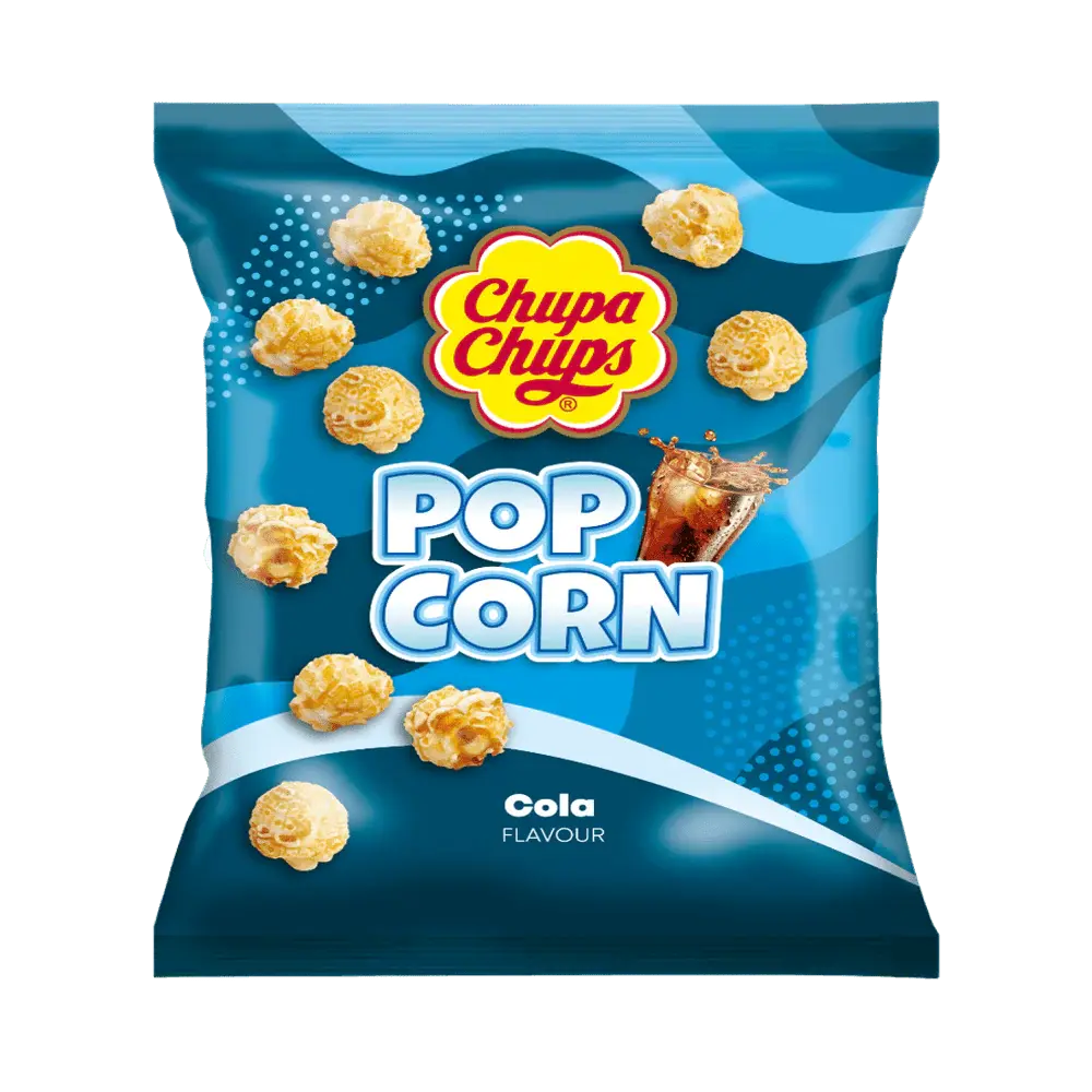 Chupa Chups Popcorn Cola - Bonbons au goût de pop-corn et cola, combinaison sucrée et pétillante, une expérience gourmande et rafraîchissante, idéale pour une pause sucrée et originale, dispo sur Bonbiz, la référence des bonbons innovants au cola.