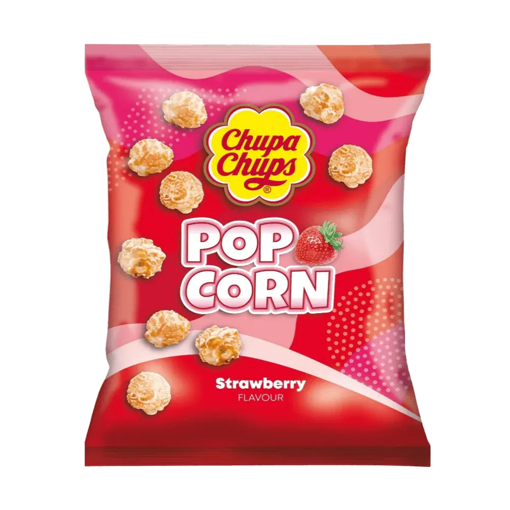 Chupa Chups Popcorn Strawberry - Bonbons au goût de pop-corn et fraise, saveur fruitée et sucrée pour une expérience gourmande et légère, parfaite pour une pause sucrée et originale, dispo sur Bonbiz, la référence des bonbons fruités et créatifs.