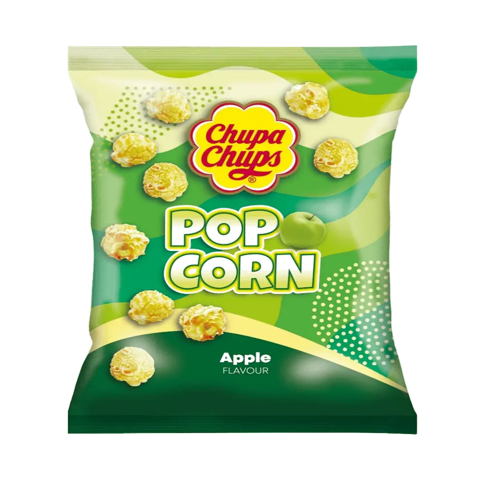 Chupa Chups Popcorn Apple - Bonbons au goût unique de pop-corn et pomme, saveur sucrée et fruitée pour une expérience gustative originale, parfaite pour une pause gourmande, dispo sur Bonbiz, la référence des bonbons sucrés et innovants.