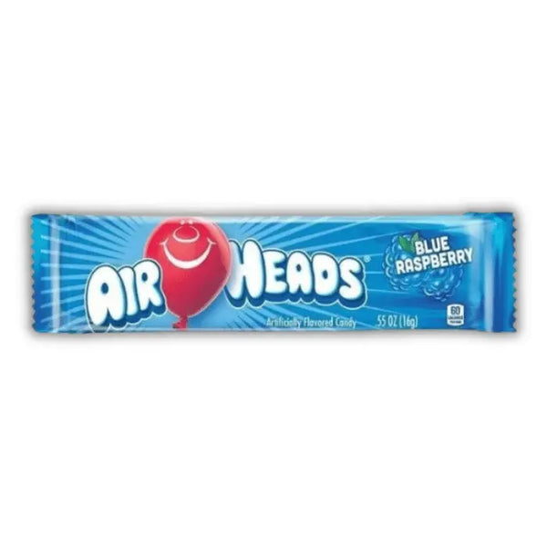 Bonbon Airheads Blue Raspberry, barre sucrée goût framboise bleue, vendue en épicerie américaine et magasin de bonbon.