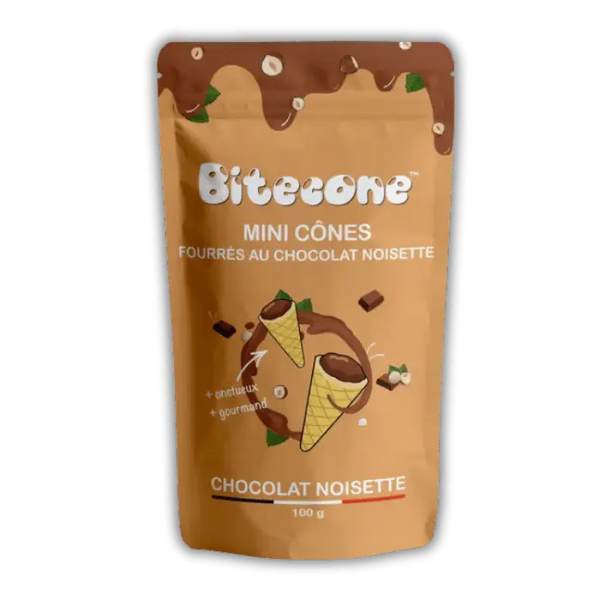 Bitecone Hazelnut Chocolate Bonbiz – mini cône croquant, chocolat noisette fondant, friandise américaine glacée.