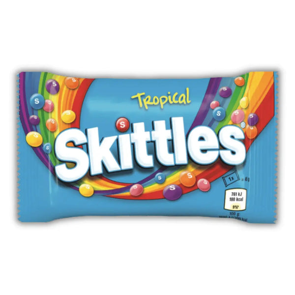 Sachet de Skittles Tropical – bonbons américains fruités aux saveurs exotiques comme ananas, kiwi, goyave – confiserie colorée made in USA
