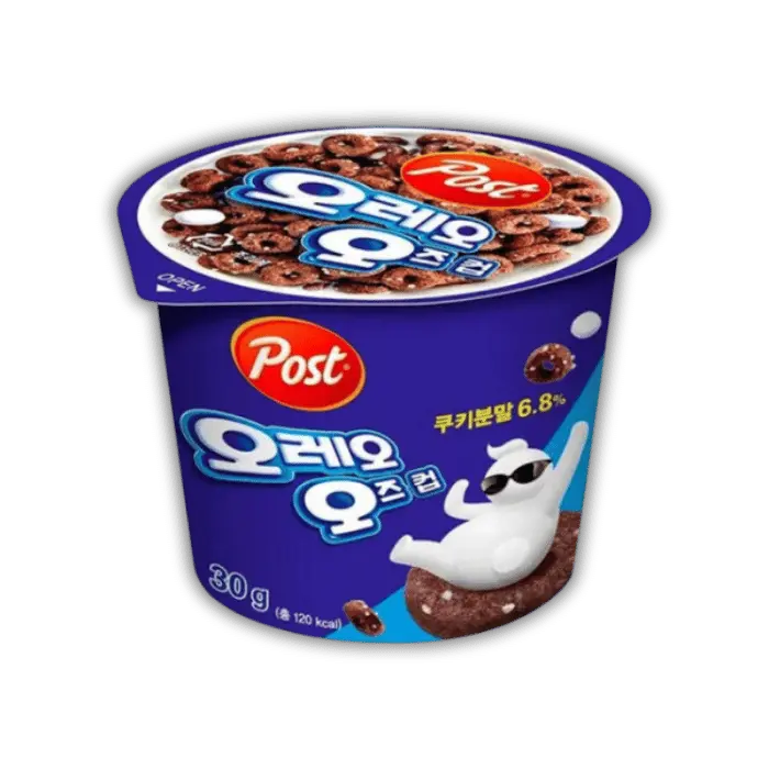 Céréales Oreo O’s format cup, en-cas sucré américain au goût biscuit Oreo, disponible chez Bonbiz, boutique de snacks US.