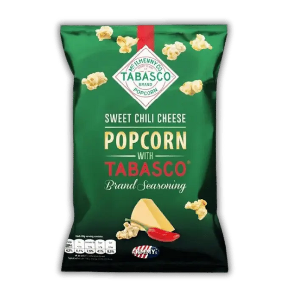 Jimmy’s Tabasco Popcorn Bonbiz – popcorn américain salé, sauce tabasco piquante, chili et fromage fondant.