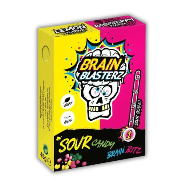 Boîte de Brain Blasterz Bitz, bonbons très acidulés croquants en bouchées, disponibles en épicerie américaine et magasin de bonbon.