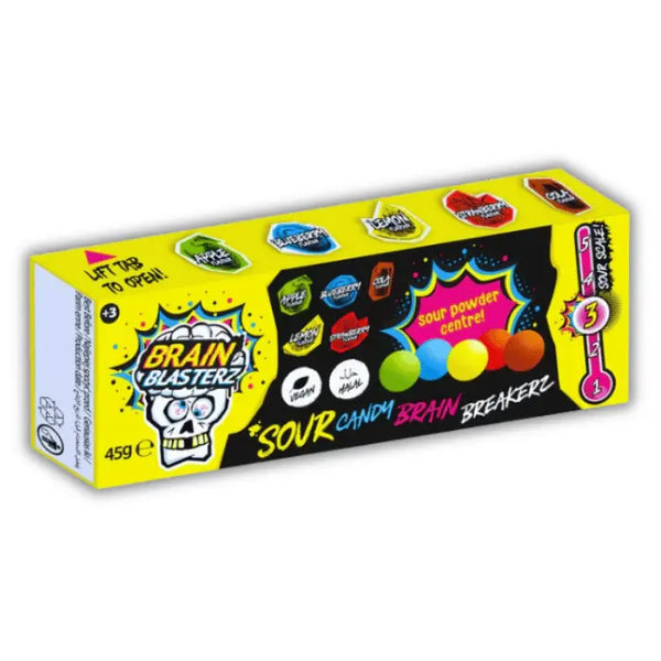 Boîte de Brain Blasterz Candy Brain Breakerz, bonbons très acidulés en billes, disponibles en épicerie américaine et magasin américain.