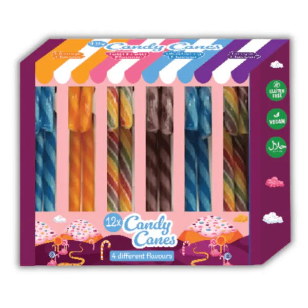 Boîte de Candy Canes Christmas Four Flavours, sucres d’orge de Noël multicolores aux quatre saveurs fruitées, en vente en épicerie américaine et magasin de bonbon.