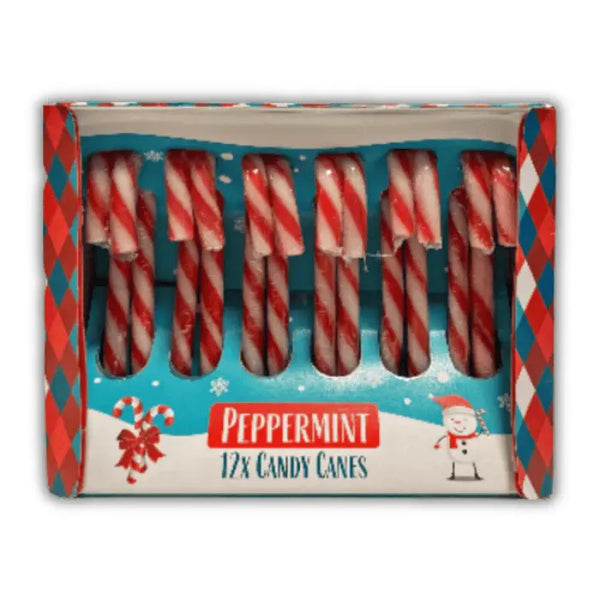 Boîte de Candy Canes Christmas Peppermint, sucres d’orge rouges et blancs au goût menthe poivrée, disponibles en épicerie américaine et magasin de bonbon.