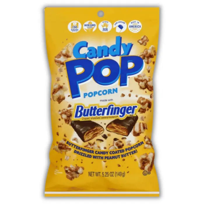 Candy Pop Popcorn Butterfinger Bonbiz – pop corn américain tendre enrobé de Butterfinger croustillant, snack sucré ultra gourmand.