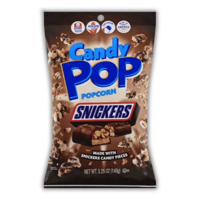 Candy Pop Popcorn Snickers Bonbiz – popcorn américain tendre enrobé d’éclats de petit Snickers, snack sucré gourmand et craquant.