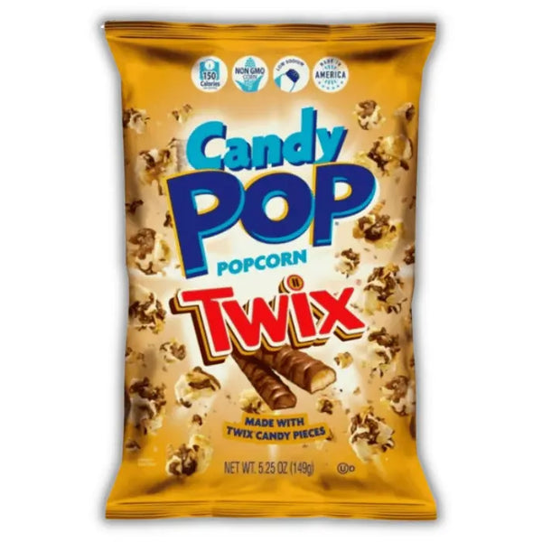 Candy Pop Popcorn Twix Bonbiz – popcorn américain tendre aux éclats de Twix, caramel fondant et chocolat au lait.