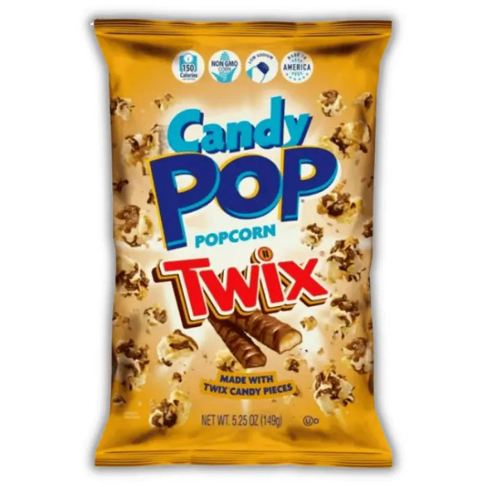 Candy Pop Popcorn Twix Bonbiz – popcorn américain tendre aux éclats de Twix, caramel fondant et chocolat au lait.