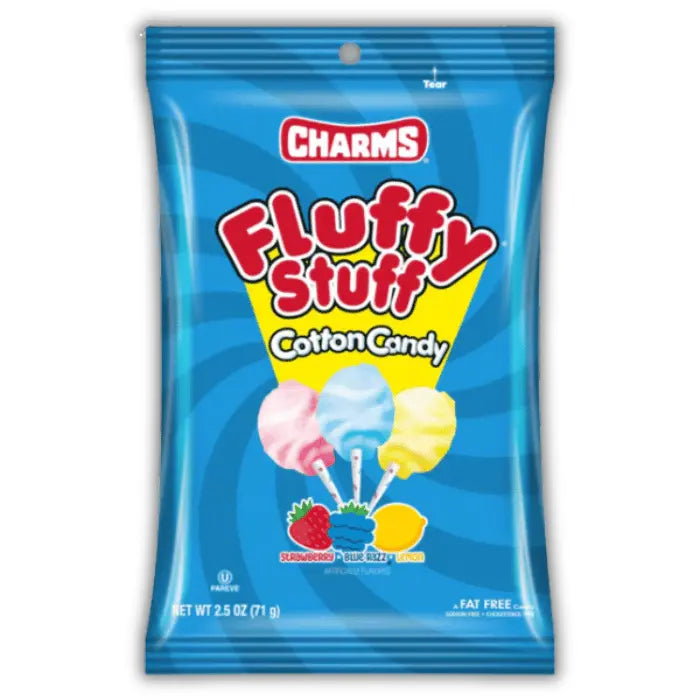 Charm's Fluffy Stuff Cotton Candy Bonbiz – barbe à papa américaine colorée et fruitée aux goûts de fraise, cerise, vanille, raisin et citron.

