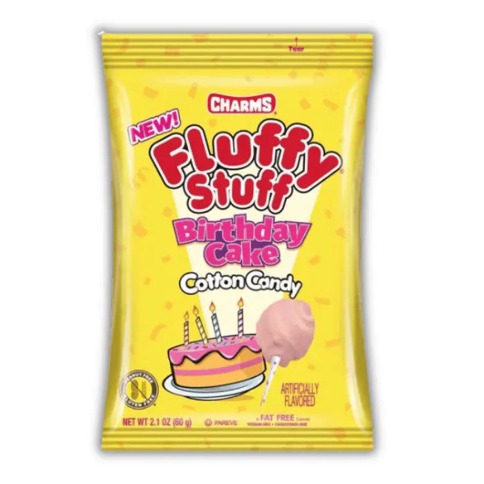 Charm's Fluffy Stuff Cotton Candy Birthday Cake Bonbiz – barbe à papa américaine saveur gâteau d’anniversaire, douce, sucrée et festive.