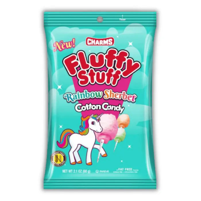 Charm's Fluffy Stuff Cotton Candy Rainbow Sherbet Bonbiz – barbe à papa américaine arc-en-ciel, douce et sucrée, idéale pour goûters et fêtes colorées.