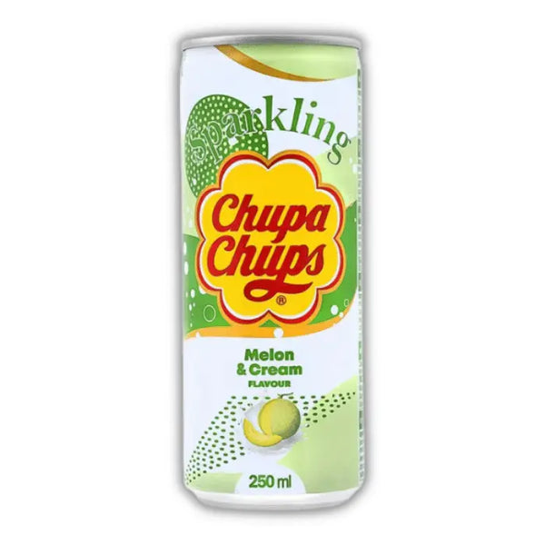 Chupa Chups Sparkling Melon – Soda pétillant au melon, fun, fruité et inspiré de la sucette iconique.