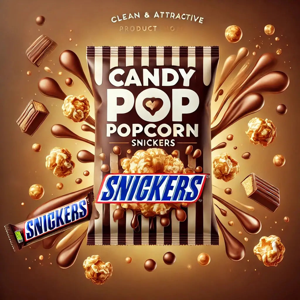 Candy Pop Popcorn Snickers - Popcorn croustillant enrobé de caramel, chocolat et éclats de cacahuètes façon Snickers, mélange sucré-salé ultra gourmand, parfait pour une pause snack irrésistible, dispo sur Bonbiz, la référence des snacks américains.