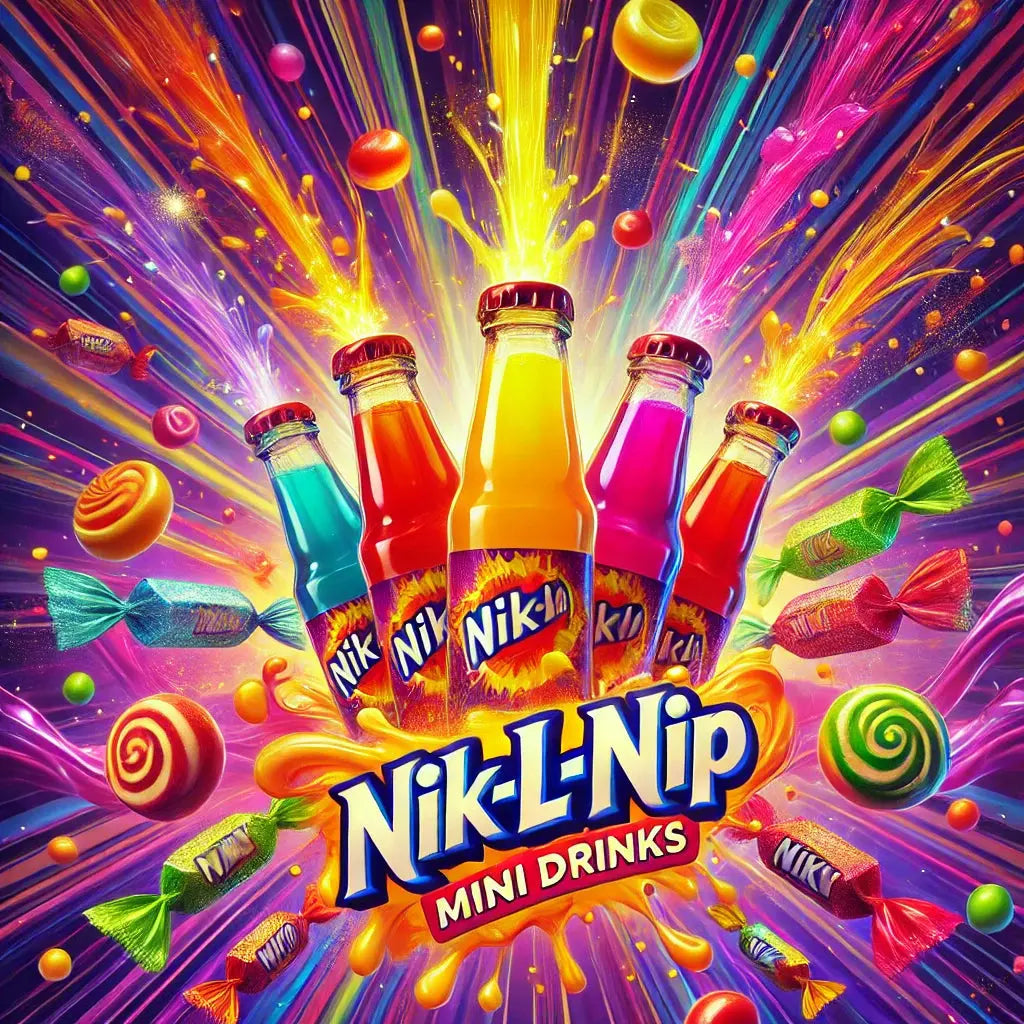 Packaging coloré des Nik-L-Nip Mini Drinks, mettant en avant des bouteilles lumineuses avec des éclats vibrants de liquides colorés et des bonbons multicolores, reflétant une expérience amusante et savoureuse. Disponible sur Bonbiz.