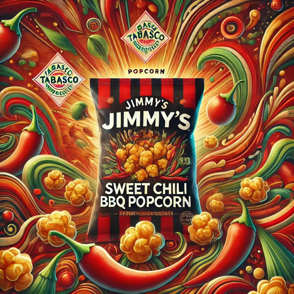 Jimmy's Tabasco Popcorn Sweet Chili BBQ Big - Pop-corn croustillant au goût épicé de Tabasco, avec une touche de chili doux et de sauce barbecue, une explosion de saveurs piquantes et sucrées, dispo sur Bonbiz, la référence des pop-corn épicés, sucrés et BBQ.