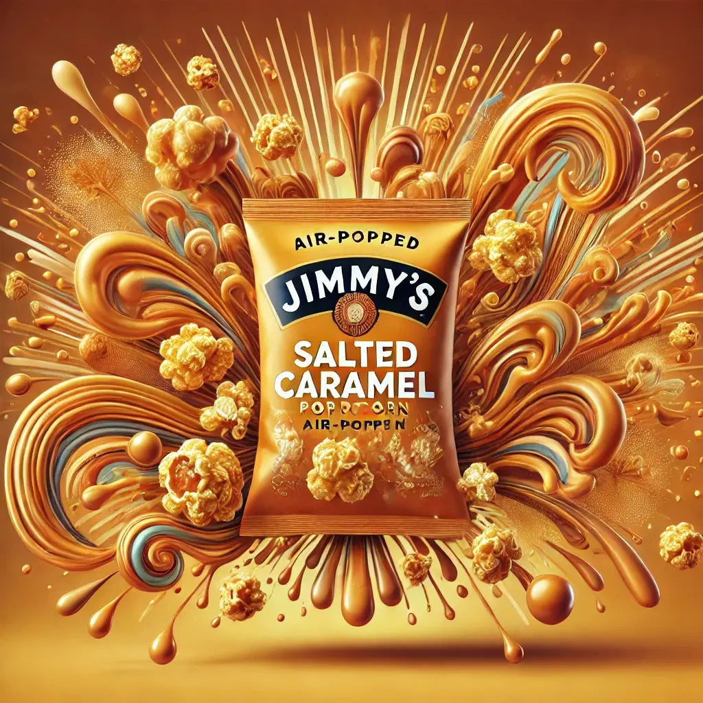 Jimmy's Pop Corn Salted Caramel - Pop-corn tendre enrobé de caramel salé, une combinaison parfaite de douceur et de salé pour une expérience gourmande et addictive, dispo sur Bonbiz, la référence des pop-corn au caramel et snacks sucrés salés.