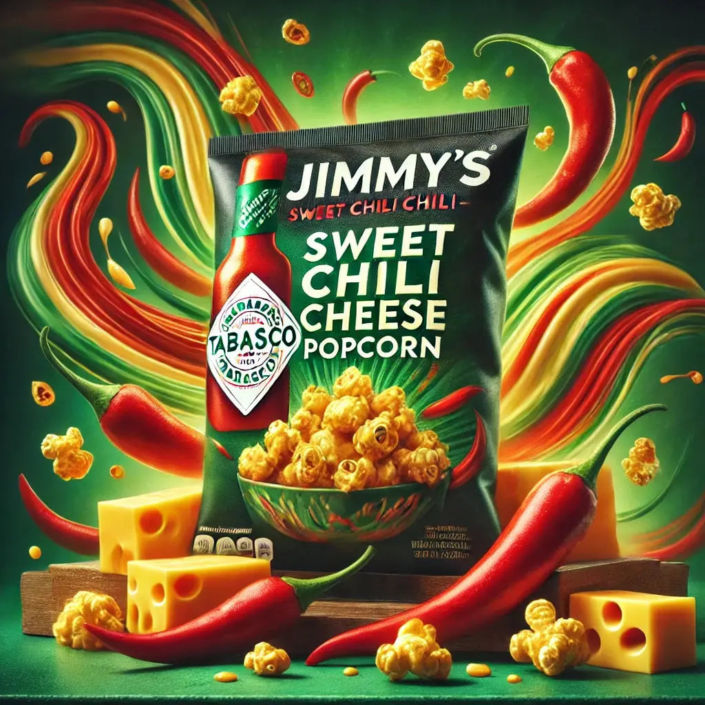 Jimmy's Tabasco Popcorn Sweet Chili Cheese - Pop-corn croquant au goût épicé de Tabasco, combiné avec une touche de chili doux et fromage crémeux, une expérience gourmande et piquante, dispo sur Bonbiz, la référence des pop-corn épicés, fromagés et savoureux.