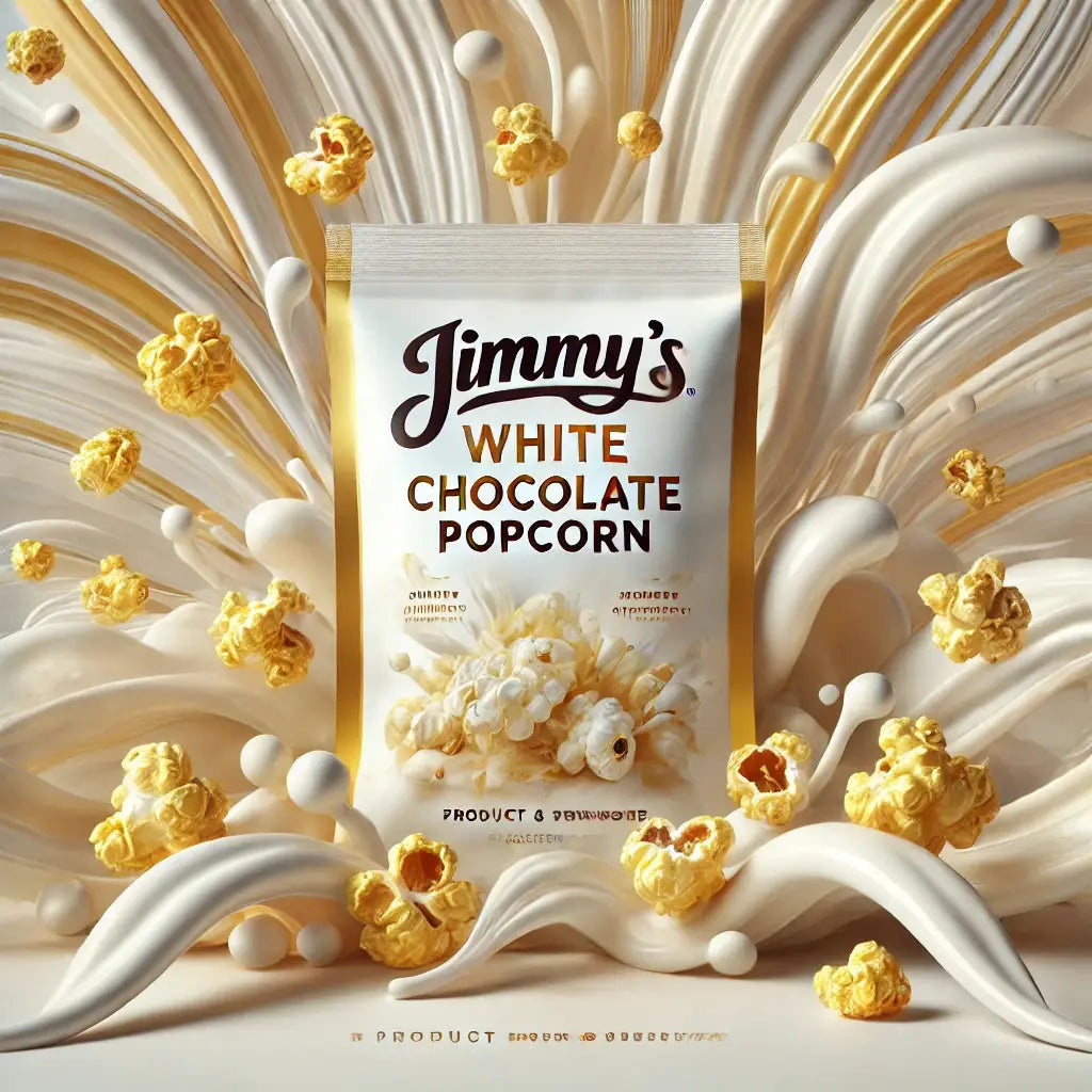 Jimmy's Pop Corn White Chocolate - Pop-corn croquant enrobé de chocolat blanc crémeux, une expérience sucrée et luxueuse pour les amateurs de snacks gourmands et chocolatés, dispo sur Bonbiz, la référence des pop-corn au chocolat blanc irrésistibles.