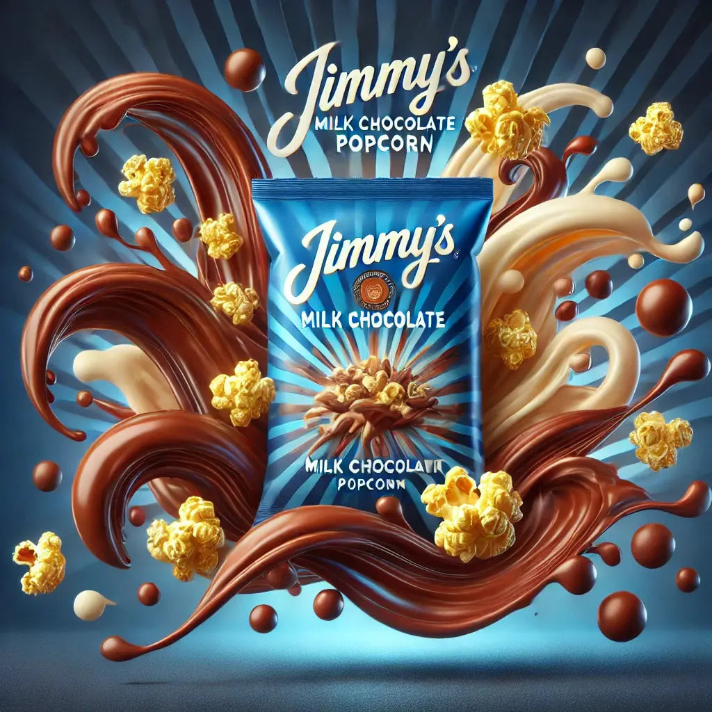 Jimmy's Pop Corn Milk Chocolate - Pop-corn croustillant enrobé de chocolat au lait crémeux, une expérience sucrée et gourmande pour les amateurs de snacks sucrés et chocolatés, dispo sur Bonbiz, la référence des pop-corn chocolatés et snacks gourmands.