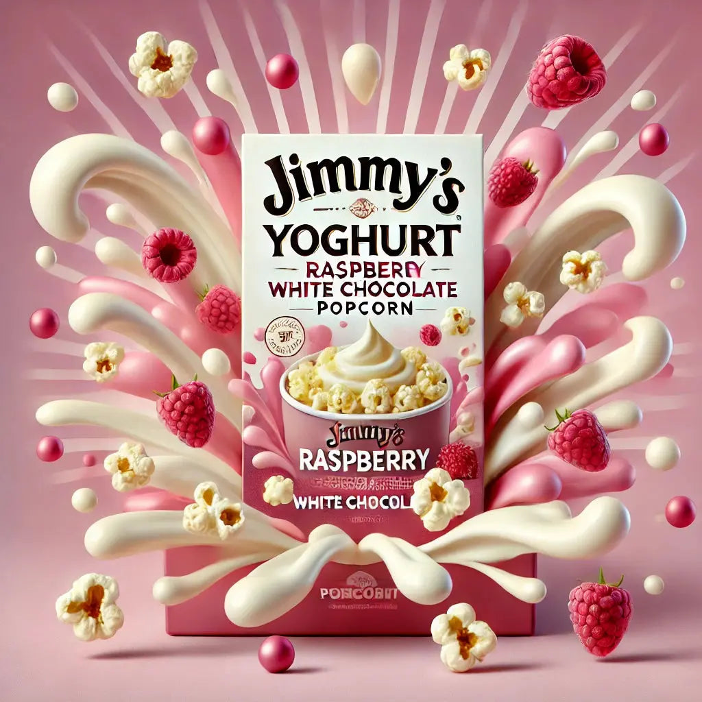 Jimmy's Pop Corn Yoghurt Raspberry White Chocolate - Pop-corn croquant enrobé de chocolat blanc crémeux, yaourt doux et framboise sucrée, une expérience fruitée et gourmande pour une collation délicieusement rafraîchissante, dispo sur Bonbiz, la référence des pop-corn gourmands aux saveurs fruitées et crémeuses.