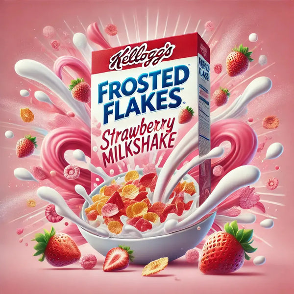 Kellogg's Frosted Flakes Milkshake Strawberry - Céréales croquantes au goût sucré de flocons de maïs enrobés de sucre, avec une saveur de milkshake à la fraise, parfaites pour un petit-déjeuner gourmand et fruité, dispo sur Bonbiz, la référence des céréales sucrées et aux saveurs crémeuses.