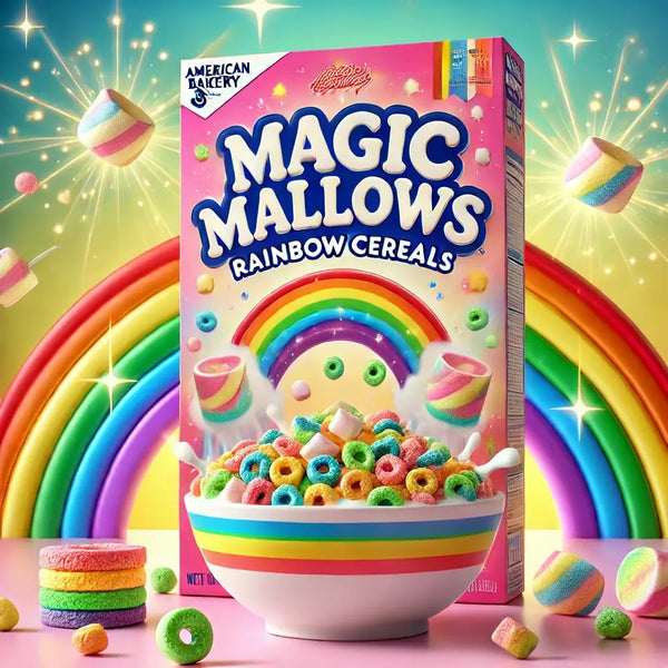 American Bakery Cereals Magic Mallows Rainbow - Céréales américaines ultra croustillantes avec des guimauves colorées, explosion de saveurs et de fun à chaque bouchée, parfaites pour un petit-déjeuner régressif et gourmand, dispo sur Bonbiz, le must des snacks US tendance.