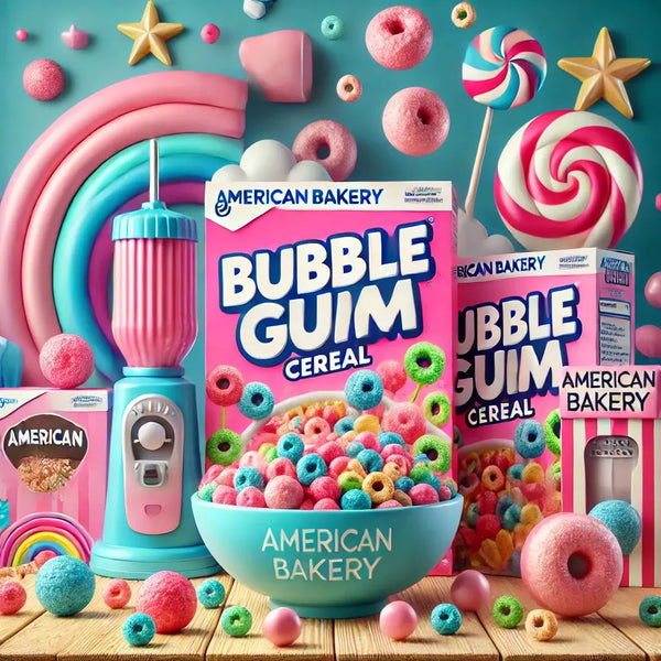 American Bakery Cereals Bubble Gum - Céréales américaines ultra gourmandes au goût de chewing-gum, croquantes et colorées, un must-have pour un petit-déjeuner fun et régressif, dispo sur Bonbiz, le spot ultime des snacks US tendance.