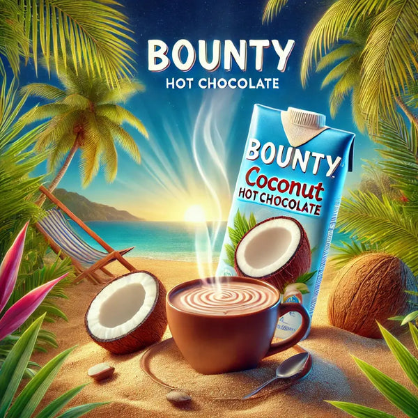 Bounty Hot Chocolate Powder - Poudre de chocolat chaud au bon goût de noix de coco, boisson ultra gourmande et réconfortante, parfaite pour un moment cocooning, dispo sur Bonbiz, la référence des boissons chocolatées US.