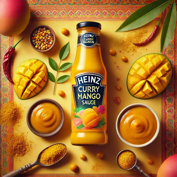 Heinz Sauce Curry Mango - Sauce onctueuse au curry et à la mangue, saveur douce et épicée, parfaite pour accompagner vos viandes, currys ou légumes, dispo sur Bonbiz, la référence des sauces exotiques et savoureuses.