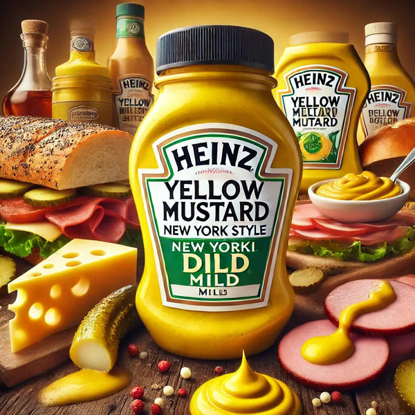 Heinz Sauce Mild Yellow Mustard - Moutarde douce et crémeuse au goût subtil et équilibré, idéale pour accompagner vos hot-dogs, burgers ou sandwiches, dispo sur Bonbiz, la référence des sauces moutarde américaines classiques.